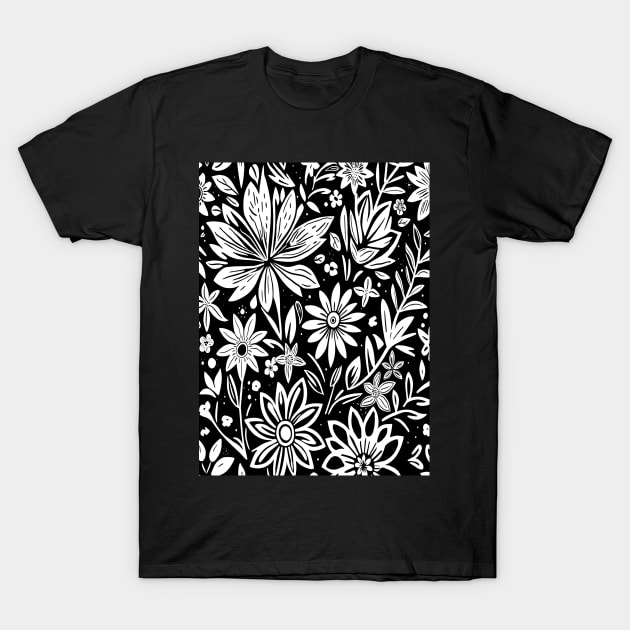 Black and White Floral Lino Print T-Shirt by Velvet Earth